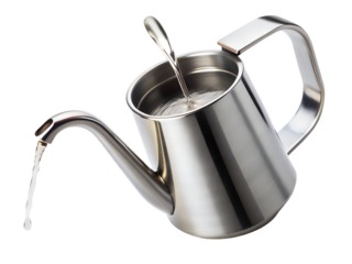 Silver metal watering can pouring water, isolated on transparent background