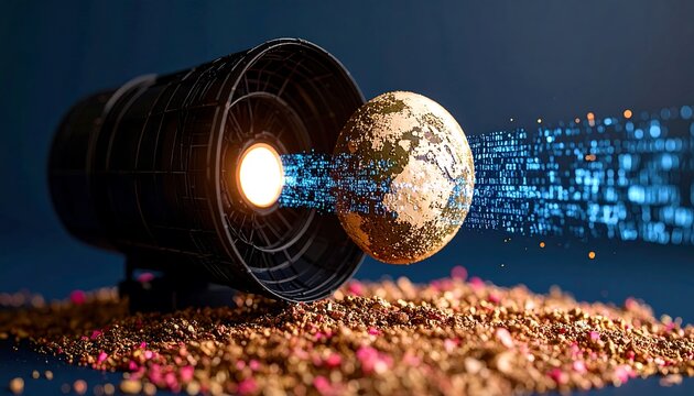 A stylized, dark, futuristic lamp projects a stylized, digitally enhanced earth through a stream of binary code.