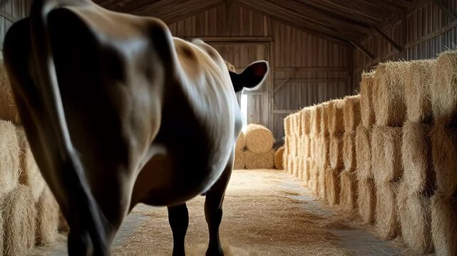 Sunlight spills through a barn window, illuminating stacks of golden hay bales neatly arranged on either side.