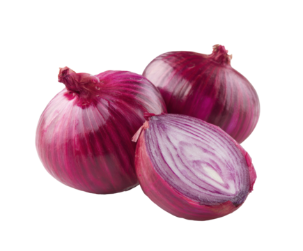 Red onion bunch with cut piece on a white background for culinary use on a transparent background, cut out