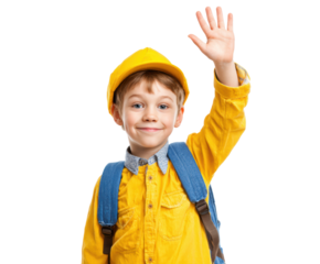 Joyful child waves hello wearing a bright yellow outfit and hat on a transparent background, cut out