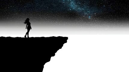 Fototapeta premium Silhouette of a lone traveler standing at the edge of a cliff, looking at the vast sky full of stars, calm and breathtaking, 