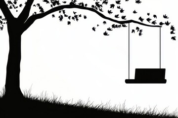Silhouette of a lone tree on a hill with a swing hanging from a branch, minimal and artistic, peaceful setting, 