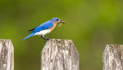 Obraz premium A vibrant bluebird perches on a weathered wooden fence post, holding a worm in its beak, against a soft, out-of-focus green backdrop.