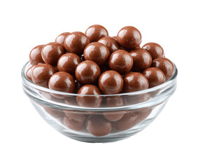 Obraz premium Chocolate candy spheres in a glass bowl for dessert enjoyment on a transparent background, cut out