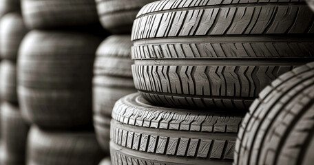 Industrial Wall of Rubber - Close-Up on Intricate Tread Patterns of Stacked Car Tires.