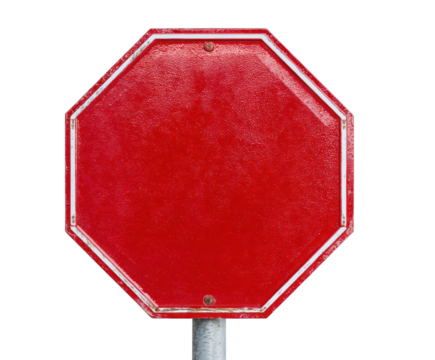 Empty stop sign on a metal pole in a public area for safety awareness on a transparent background, cut out