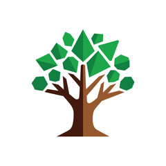 Geometric Tree Logo Design with Abstract Green Leaves.