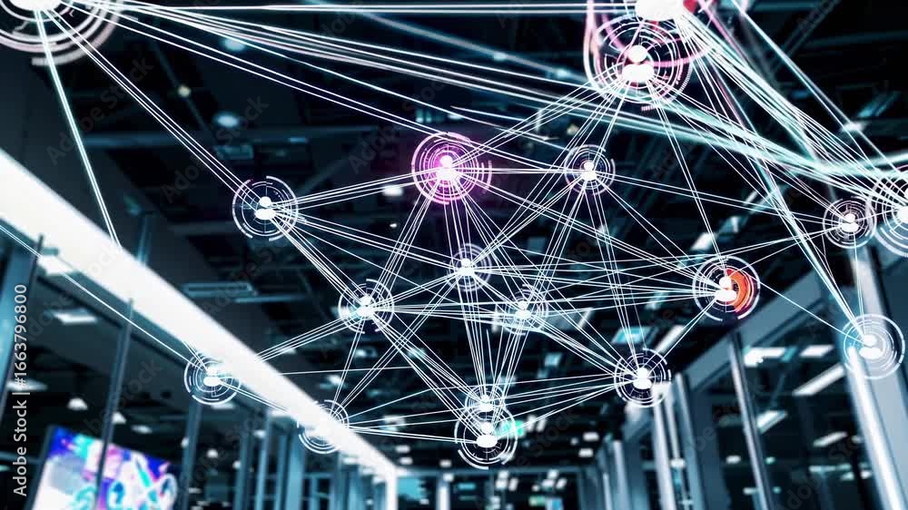 Poster futuristic network concept with digital nodes and lines. low-angle shot in a modern data center. ide