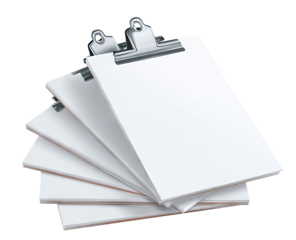Stacked white clipboards, angled, showing blank pages