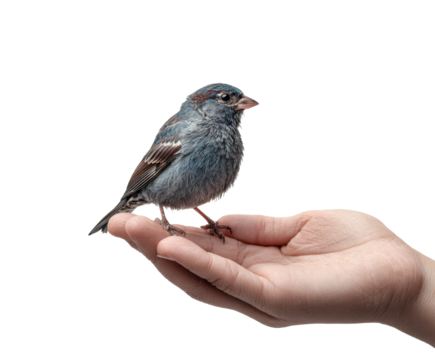 Bird resting on a hand showcasing connection with nature on a transparent background, cut out
