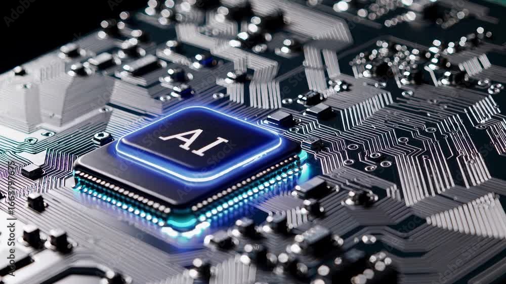 Poster close-up video shot of a circuit board with an ai chip, showcasing intricate details and modern tech