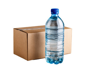 Packaging and delivery of bottled water in a cardboard box on a transparent background, cut out