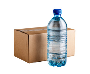 Packaging and delivery of bottled water in a cardboard box on a transparent background, cut out