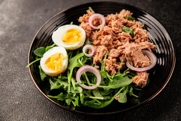Tuna salad egg, arugula, vegetables tasty snack fresh delicious gourmet food background on the table rustic food top view copy space keto and paleo diet food pescetarian diet
