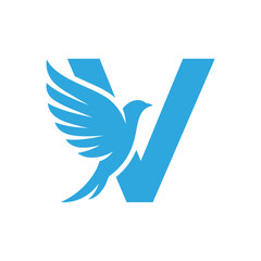 Blue bird dove flying with letter V logo design for branding.