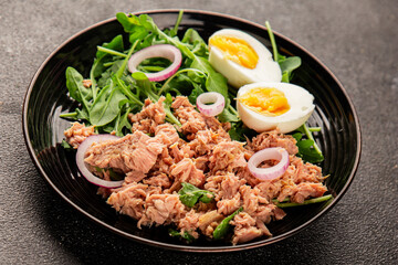Tuna salad egg, arugula, vegetables tasty snack fresh delicious gourmet food background on the table rustic food top view copy space keto and paleo diet food pescetarian diet