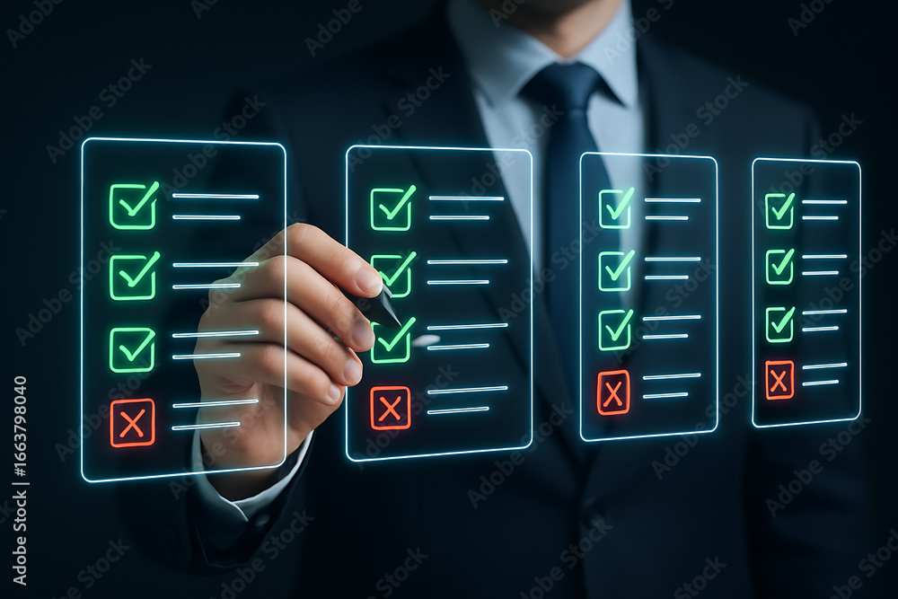 Aufkleber a person checking off multiple checklists on a holographic screen, demonstrating the process of task