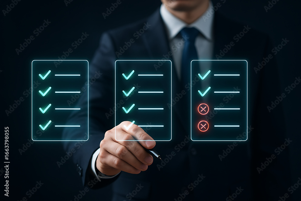 Fototapete a person checking off multiple checklists on a holographic screen, demonstrating the process of task