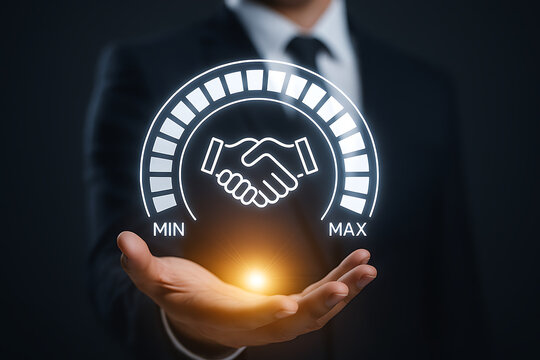 a businessman's hand holds a circular gauge with a handshake symbol in the center, a digital speedometer for measuring business deal satisfaction from min to max