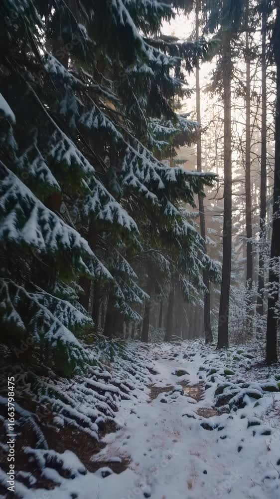 Poster a serene winter forest path covered in snow, captured from a low-angle, creating an immersive video 