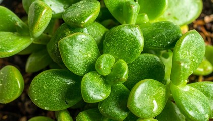 Close-up view of a succulent plant with vibrant green leaves covered in water droplets, showcasing the detailed texture and intricate patterns.