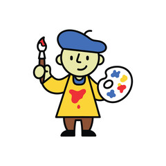 Cartoon artist holding a paintbrush and palette with a smock and beret.