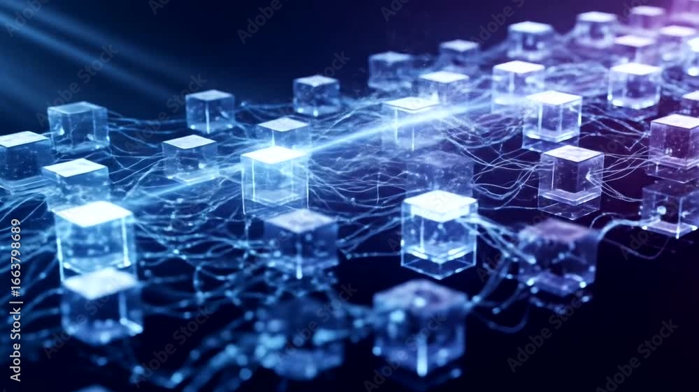 Aufkleber a complex network of interconnected translucent cubes, illuminated by luminous beams, projects a fut