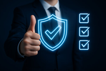 a businessman giving a thumbs up sign while a glowing shield with a checkmark and three checked boxes appear, representing data security and approval
