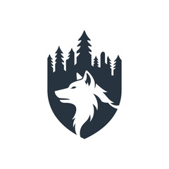 Wolf Head Silhouette in Shield with Forest Trees: Wilderness Emblem.