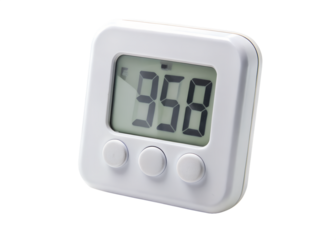 White digital kitchen timer with three buttons and lcd display, isolated on transparent background
