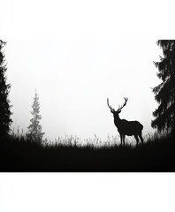 Obraz premium Silhouette of a stag standing in a clearing, surrounded by mist, powerful and majestic, deep forest background, 