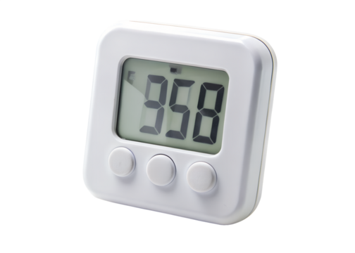 White digital kitchen timer with three buttons and lcd display, isolated on transparent background
