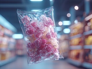 hyper-realistic artwork: transparent vacuum-sealed bag of angry emojis - perfect poster for dynamic sports interiors, featuring vibrant colors and surreal elegance in a blurred supermarket scene.