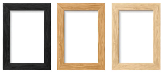 Three wood picture frames, black, light brown, and natural