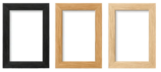 Three wood picture frames, black, light brown, and natural