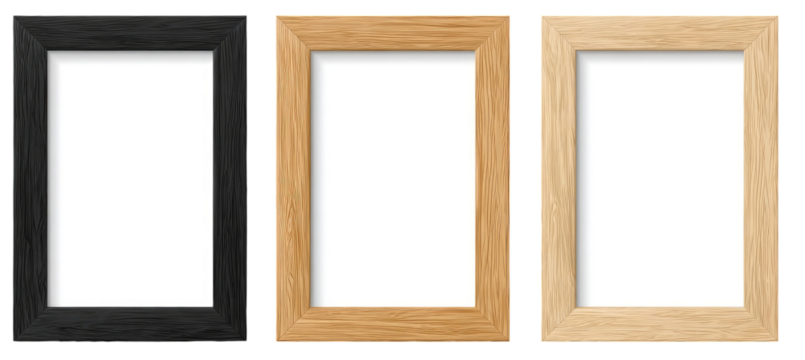 Three wood picture frames, black, light brown, and natural