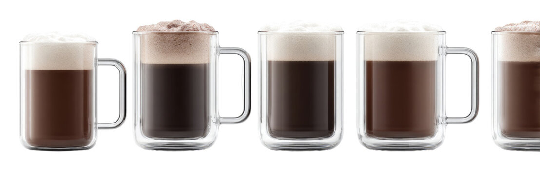 Glass mugs of varying coffee drinks