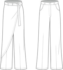 Wrap pants sketch, wide-leg trousers drawing, detailed stitching illustration, fashion garment template, front and back view layout, cad drawing flat vector illustration