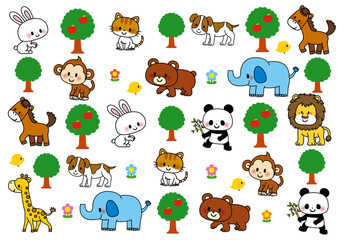 動物, 動物園, 保育園, 幼稚園, 子供, 小学校, 小学生, かわいい, セット, キャラクター, 象, クマ, ライオン, ウサギ, パンダ, ネコ, 熊, サル, ゾウ, キリン, 馬, 犬, 猫, アニマル, ウマ, ひよこ, 生物, 飼育, 可愛い, 生き物, サファリパーク, アイコン, 絵本, 花, りんご, 木, 猿, 複数, 肉食動物, 草食動物, 哺乳類, パターン, イラス