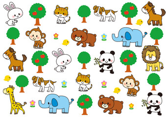 動物, 動物園, 保育園, 幼稚園, 子供, 小学校, 小学生, かわいい, セット, キャラクター, 象, クマ, ライオン, ウサギ, パンダ, ネコ, 熊, サル, ゾウ, キリン, 馬, 犬, 猫, アニマル, ウマ, ひよこ, 生物, 飼育, 可愛い, 生き物, サファリパーク, アイコン, 絵本, 花, りんご, 木, 猿, 複数, 肉食動物, 草食動物, 哺乳類, パターン, イラス © 満載