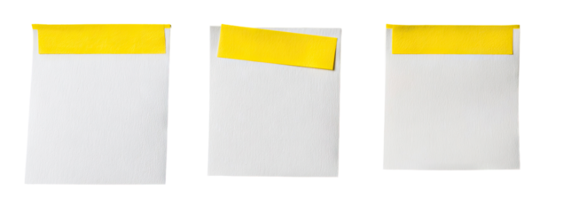 Three blank white rectangles with yellow sticky notes