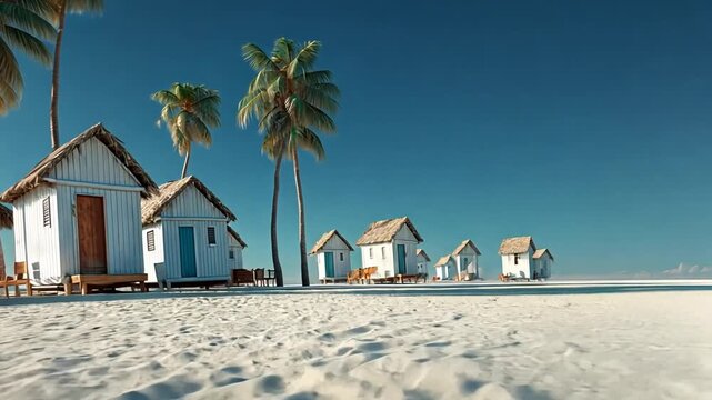 A row of picturesque white beach huts stands on a pristine sandy beach, framed by tall palm trees against a clear azure sky.