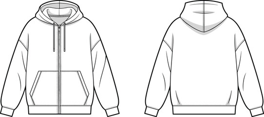 Zip up hoodie CAD sketch, front and back view, flat technical fashion drawing, vector illustration of sweatshirt design, garment mockup template, hoodie outline
