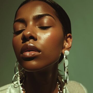 Close-up portrait of a beautiful young woman with dark skin, glossy lips, and natural makeup. Elegant look with eyes closed, minimalistic jewelry, and soft lighting. Perfect for themes of fashion, bea