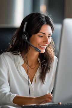 Smiling female customer support representative working with a headset and computer. Professional young woman in an office environment, providing online assistance and communication services. Ideal for
