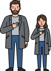 Man and woman standing together with hand on chest gesture in casual clothes vector illustration 