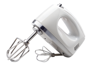 White electric hand mixer with metal beaters, isolated on transparent background