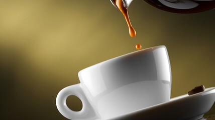 Espresso pouring into a white cup and saucer coffee