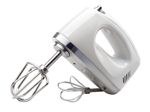 White electric hand mixer with metal beaters, isolated on transparent background